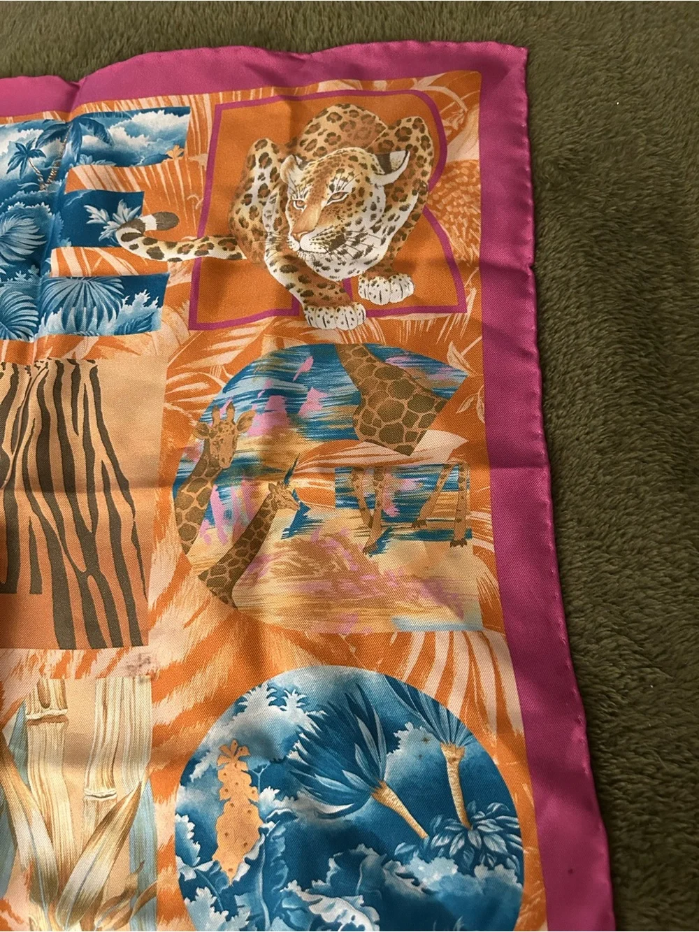 Salvatore Ferragamo Silk Animal Print Square Scarf Pink Border 16x16